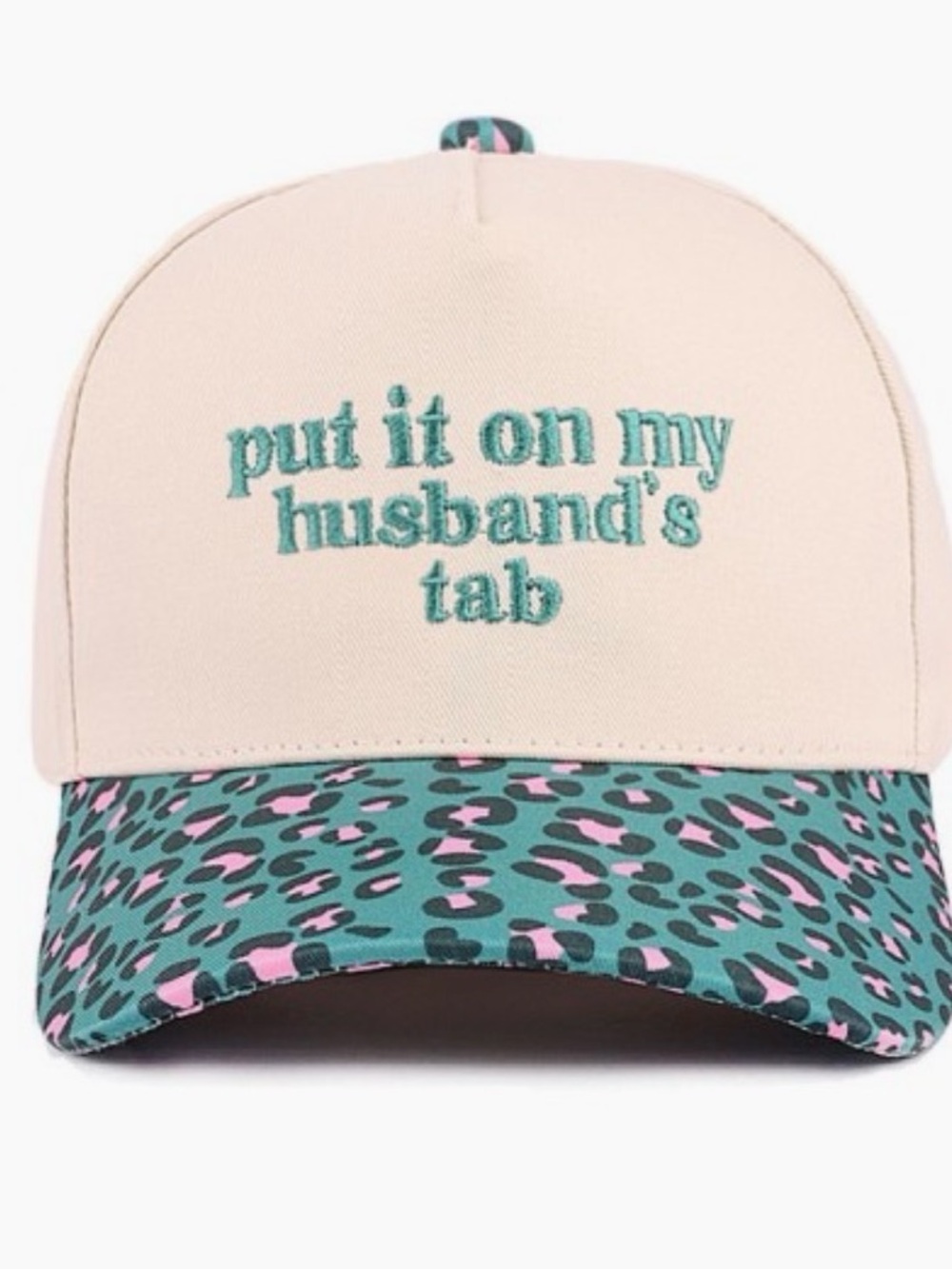 Beige & Teal Embroidered Baseball Cap with Leopard-Print Brim